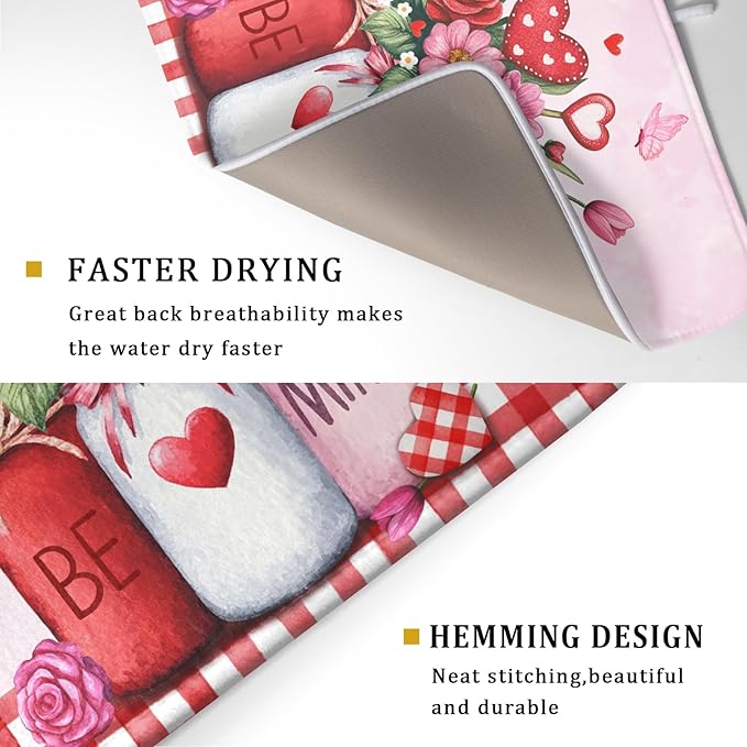 Rose Vase Dish Drying Mat 18x24 inch Romantic Floral Washable Absorbent Dish Dry Pad Fast Dry Drainer Rack Mats Kitchen Counter Accessories