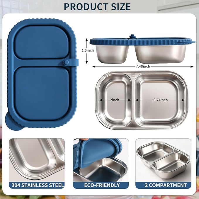 2 Pack Stainless Steel Snack Containers With Lid, 2 Compartment Snackle Box Container,Leak-Proof Reusable Food Storage Container,For Work, Travel, School, And The Gym