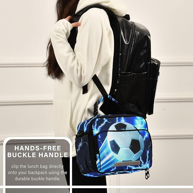ALAZA Soccer Kids Lunch Box, Blue Lightning Lunchbox Insulated Reusable Meal Container Lunch Bag with Shoulder Strap for School Girls Boys