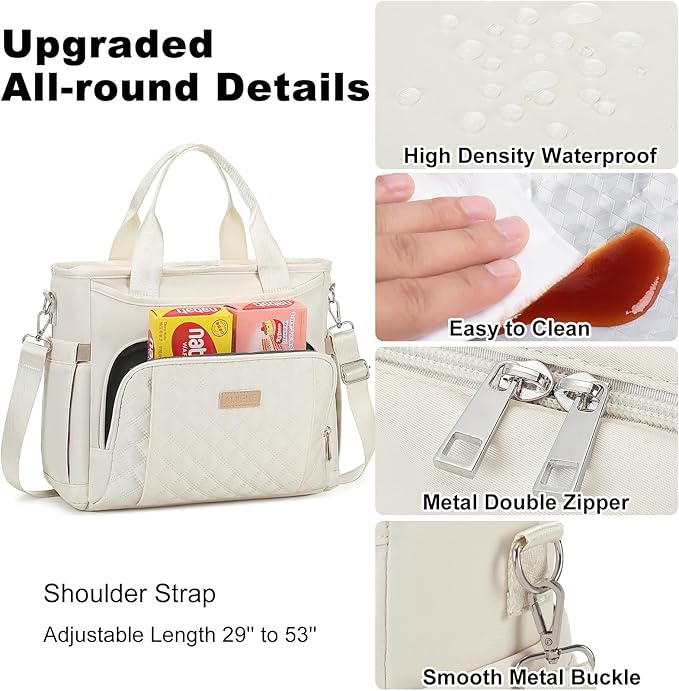 AIJIEKE Insulated Lunch Bag for Women, Lunch Box, Lunch Tote for Work, Large Leak Proof Cooler Bag with Removable Strap, Reusable Adult Lunchbag, Picnic, Office, Beach, Beige