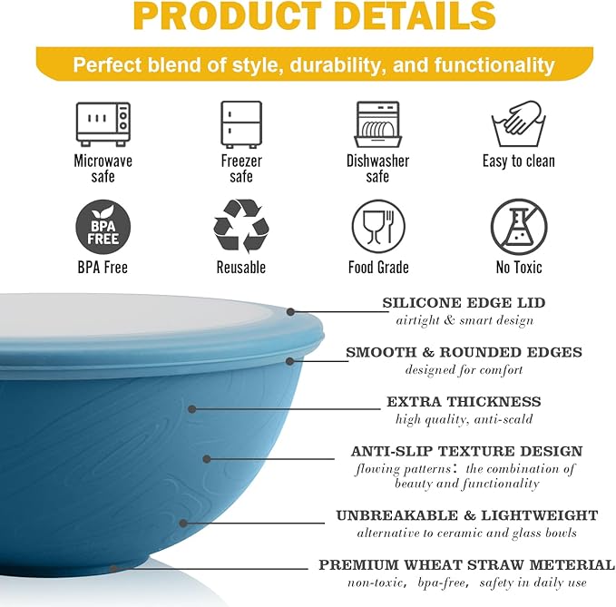 Wheat Straw Bowls Set with Lids, Unbreakable 40 OZ Cereal Bowls Set of 4, Salad Container for Lunch, Microwave & Dishwasher Safe Bowl Set for Kitchen, Picnic, RV, Camping, Multi