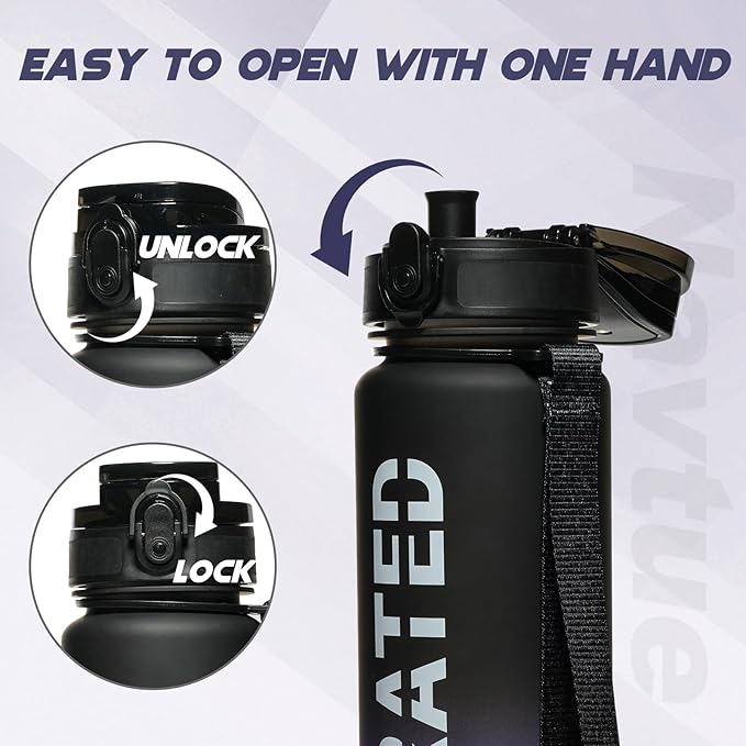 Water Bottle, 32 oz Sports Water Bottles with Time Marker Wide Mouth, Motivational and Leakproof Drink Bottle, BPA Free Tritan with Carry Strap for Gym Fitness Outdoor(Direct Drink 1 Bottle)