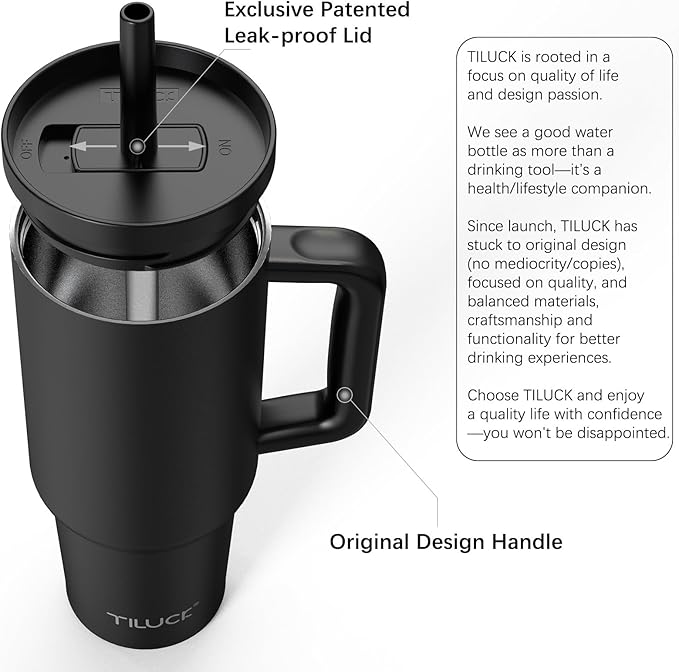 TILUCK 40 oz Tumbler with Handle, Vacuum Insulated Stainless Steel Travel Mug with 100% Leak-Proof Silicone Straw Lid, Cupholder Friendly Water Bottle(MidnightBlack, 40oz)