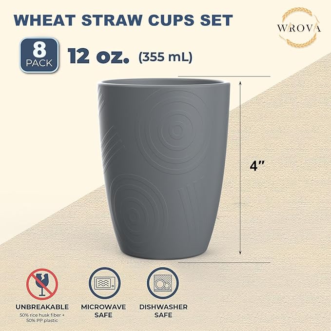 Wheat Straw Cups 8 PCS Good Alternative to Plastic Reusable Cups 12 oz Unbreakable Drinking Cup Reusable Dishwasher Safe Water Plastic Glasses Grey