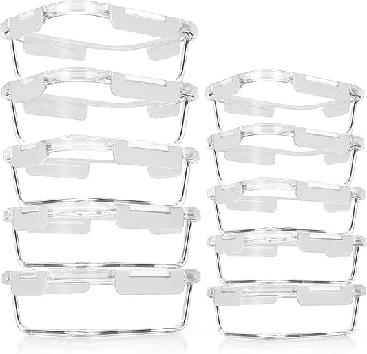 VERONES 10Pack Glass Meal Prep Containers, Airtight Glass Lunch Containers,Stackable Food Storage Containers Set with Lids,Exclusive of BPA, for Microwave,Oven, Freezer&Dishwasher Friendly,White
