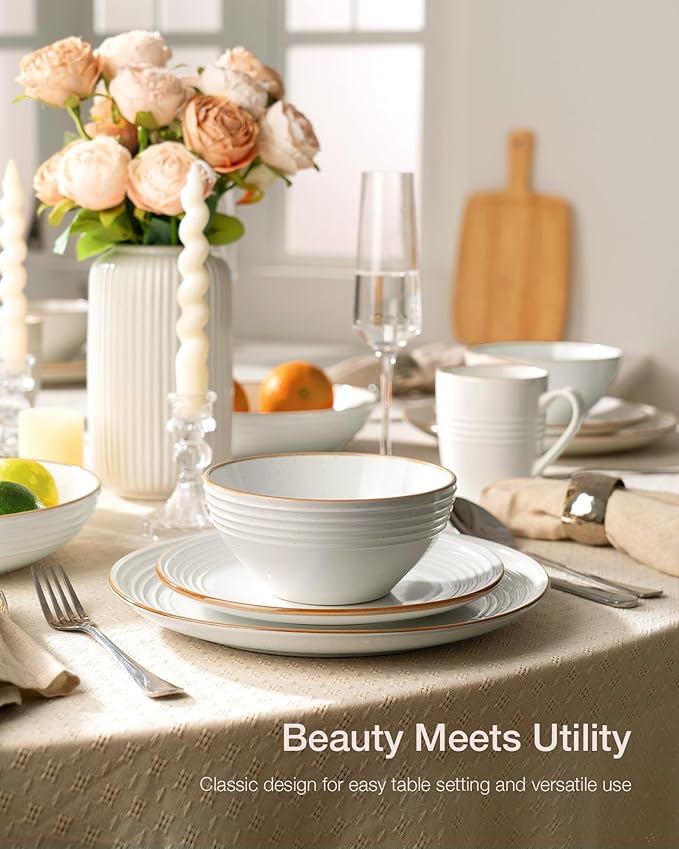 Famiware Jupiter Dinnerware Set, Plates and Bowls Dish Sets for 8 (24 Pieces), Microwave and Dishwasher Safe Stoneware Speckled Tableware, Chip and Scratch Resistant, White