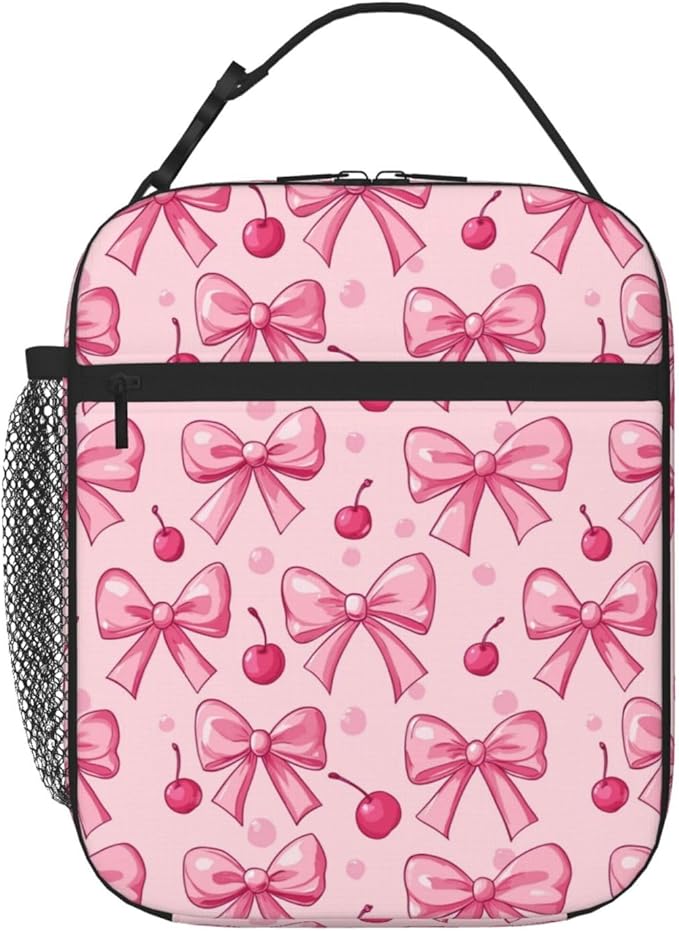 SUPLUCHOM Lunch Bag Pink Bows Cherry Insulated Bento Box Cooler with Side Pocket for Girl Boy Women Men Work School Picnic Hiking Daytrip