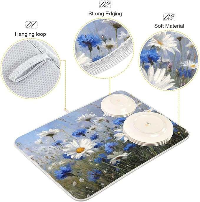 White Daisies and Cornflowers Dish Drying Mat for Kitchen Counter Super Absorbent Dishes Pad Reversible Microfiber Protector Dish Draining Mats 18x24 inch