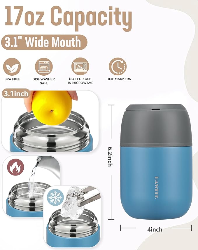 17oz Soup Thermo for Hot Food Adults Insulated Food Jar Thermo Hot Food Lunch Container Wide Mouth Stainless Steel Lunch Box for Kids with Folding Spoon Cleaning Brush Gray Blue