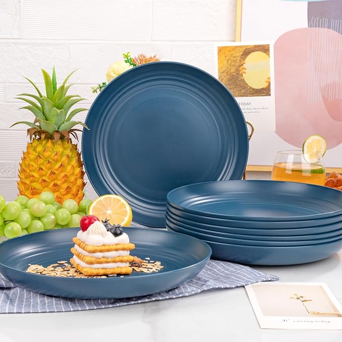 Supernal 16pcs Dark Blue Wheat Straw Plates,Deep Dinner Plates Set,Premium Reusable Plastic Plates,Unbreakable Party Plates,Dishwasher & Microwave Safe for Camping, Picnic