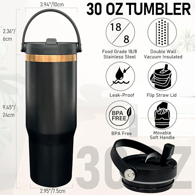 30 oz Tumbler with Handle and Straw, Vacuum Insulated Tumblers with Flip Straw and Top Handle, Leakproof Powder Coated Tumbler, Stainless Steel Travel Mug for Coffee Water (Black, 1 Pack)
