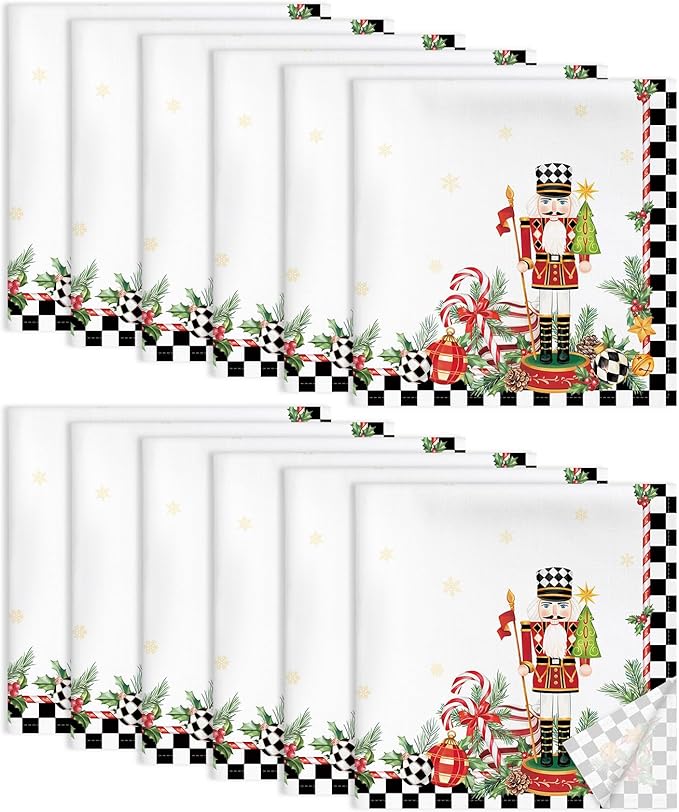 Christmas Nutcracker Napkins, 18×18 Inch Dinner Cloth Napkins Set of 12, Washable Cotton Soft Absorbent Square Table Top Decoration for Dining Kitchen Party Wedding