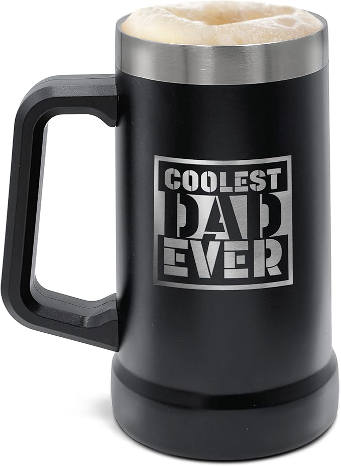 Unique XL Stainless Steel Insulated Tumbler Cup with Handle (24oz) Beer Mug for Hot/Cold Drinks, Gift Idea for Christmas, Birthday, Father's Day, Coolest Dad Ever (Gift-Boxed)