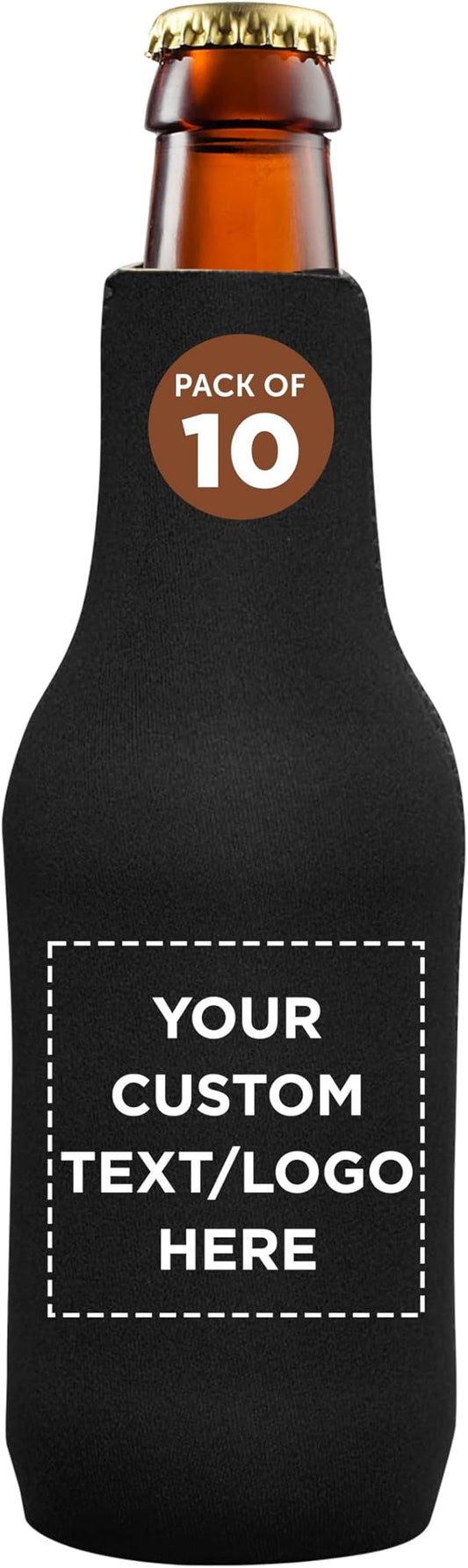 10 Neoprene Zippered Beer Bottle Coolies Pack - Customizable Text, Logo - Sharkskin Rubber Bottom - Black