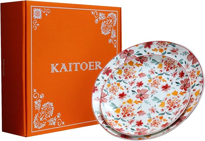 Porcelain Floral Plates 8 Inches &10 Inches Set of 4 Total, Ceramic Dessert Plate, Appetizer Salad Plate Set, Dinnerware Dinner Plates for Kitchen, Cake Snacks