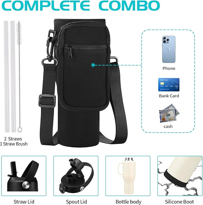 Water Bottle 40oz with Handle Insulated,LeakProof Stainless Steel Tumbler with Lid and Straw, Thermal Cups w/Carrier Pouch with Strap & Protective Boot, Thermo Coffee Flask Fit in Cup Holder