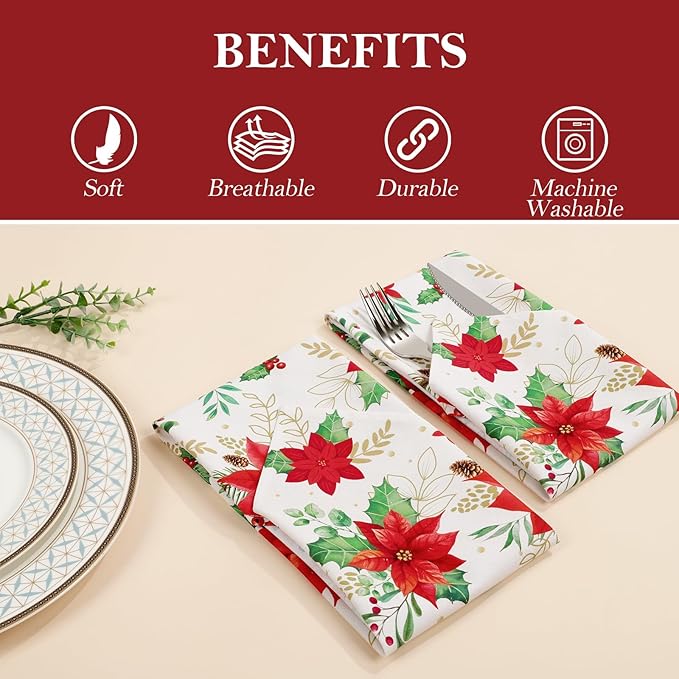 Christmas Red Flower Napkins, 18×18 Inch Dinner Cloth Napkins Set of 4, Washable Cotton Soft Absorbent Square Napkins for Dining Kitchen Party Wedding Decoration