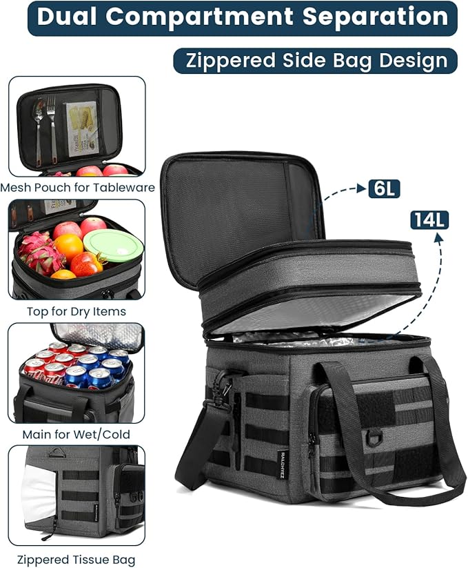 RalChyez Tactical Lunch Bag, 20L Large Heavy Duty Double Deck Insulated Lunch Box Leakproof Expandable Tote Cooler with Shoulder Strap for Adult Men Women Work Fishing Picnic Travel Gray