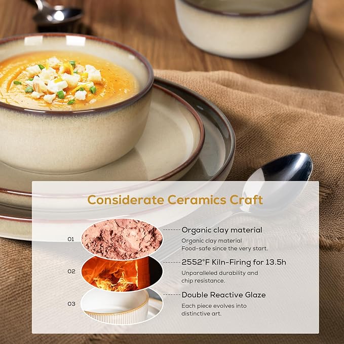 Romswi Ceramic 18Pcs Dinnerware Sets,Stoneware Plates and Bowls Set for 6, Chip & Scratch Resistant Dish Set, Handmade Reactive Glaze Plate Set, Oven, Microwave & Dishwasher Safe,Wheat Green