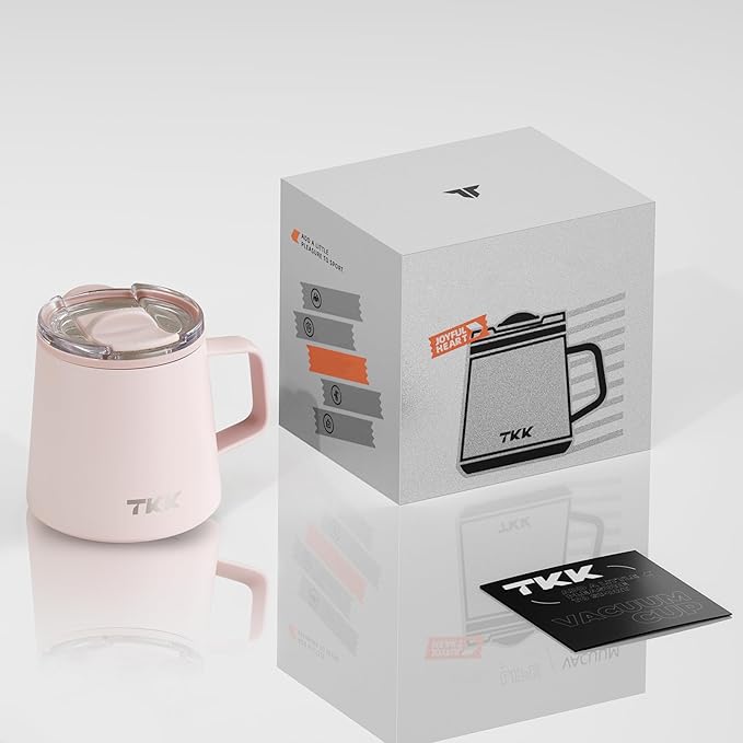 TKK 12 oz Insulated Coffee Mug with Handle Ceramic Coating Detachable Slider Lid Stainless Steel Tumbler Double Wall Vacuum Travel Cup