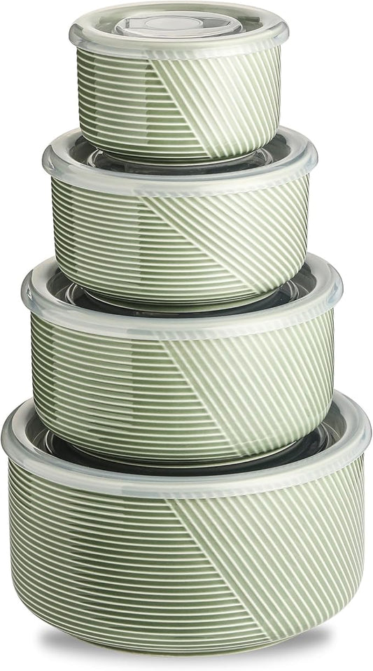 Ceramic Nesting Bowls with Lids: Mixing Bowls with Lids - Porcelain Food Storage Containers For Prep and Serving, Microwavable Kitchen Bowl Set of 4, 50/32/20/10 oz (Green)