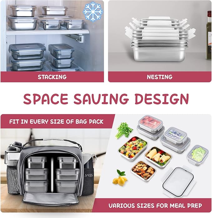 10 PC Square 304 Stainless Steel Food Containers with Lids, Airtight Bento Lunch Box, Metal Meal Prep Food Containers Reusable Stackable | Nestable Oven/Dishwsher/Freezer Safe