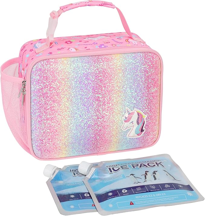 Bagseri Girls Lunch Bag with Ice Pack - Kids Lunch Box for Girls Reusable Leak-Proof and Insulated Kids Lunch Bag Toddler Lunch Box for Daycare and School, Glitter Pink Unicorn