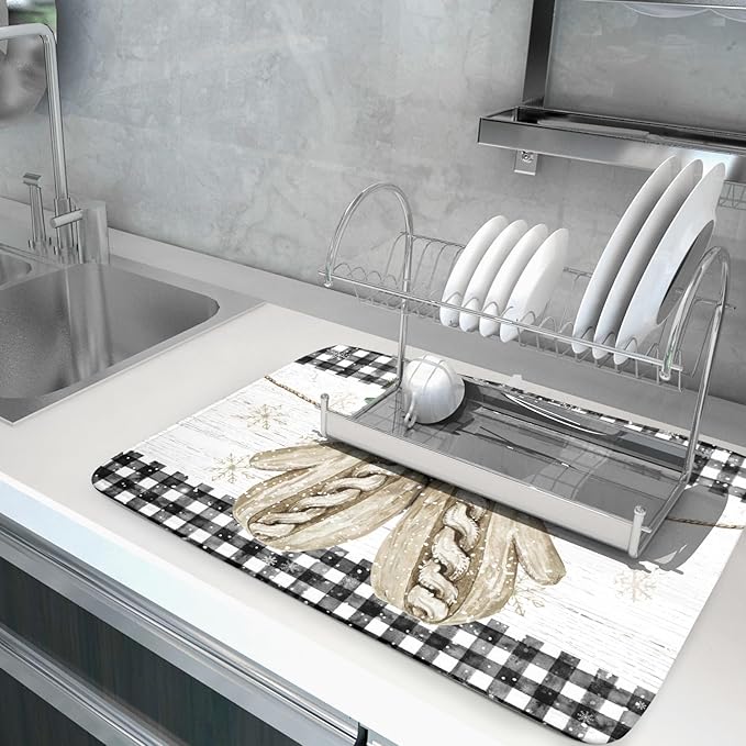 Christmas Dish Drying Mat for Kitchen Counter 18x24 Inches, Xmas Winter Glove Snowflake Buffalo Checked Plaid Microfiber Absorbent Dishes Drainer Rack Pads under Sink