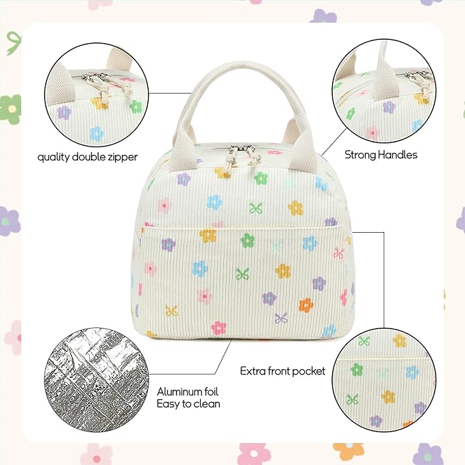 BTOOP Lunch Box for Women Men Cute Corduroy Lunch Bags Large Capacity Insulated Lunch Tote Bag For Work Travel Or Picnic (Colorful Floral Bow)