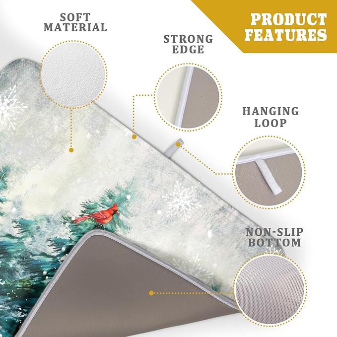 Pine Tree Dish Drying Mat for Kitchen Countertop Red Bird Dishes Mats Winter Decorative Absorbent Reversible Drainer Rack Pad 18x24 Inch