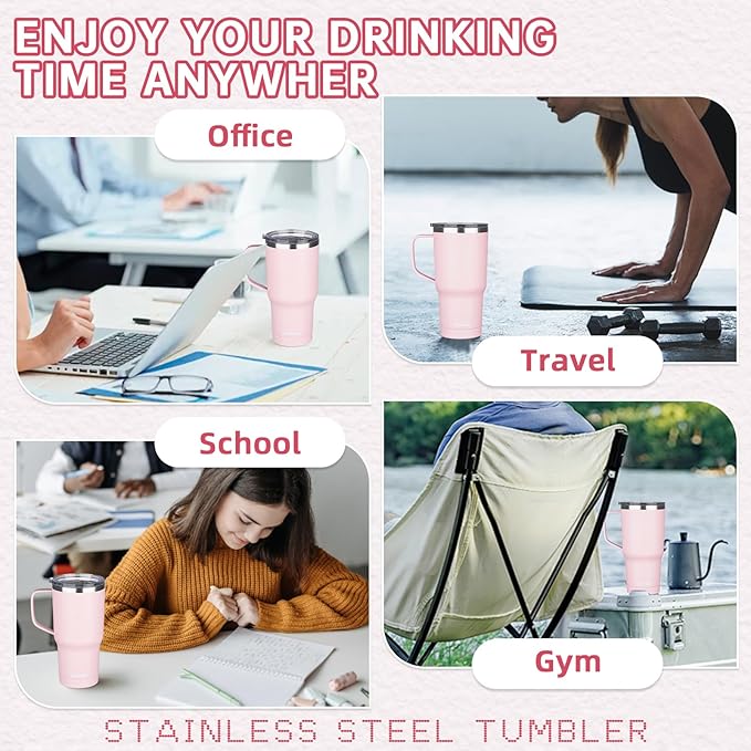 20 oz Insulated Coffee Mug with Ceramic Coating, Stainless Steel Travel Mug Tumbler with Handle Lid and Straw, Double Wall Leak-Proof Coffee Travel Mug Keeps Drink Hot and Cold (Pink)