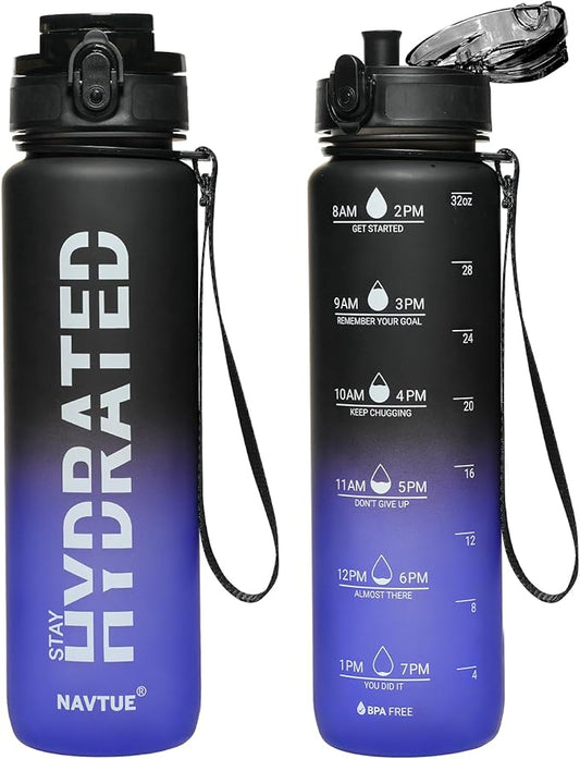 Water Bottle, 32 oz Sports Water Bottles with Time Marker Wide Mouth, Motivational and Leakproof Drink Bottle, BPA Free Tritan with Carry Strap for Gym Fitness Outdoor(Direct Drink 1 Bottle)