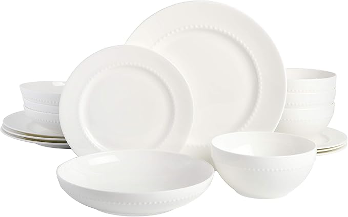 Gibson Elite Embossed Bone China 16-Piece Double Bowl Dinnerware Set, Service for 4 – White Elegant Plates and Bowls