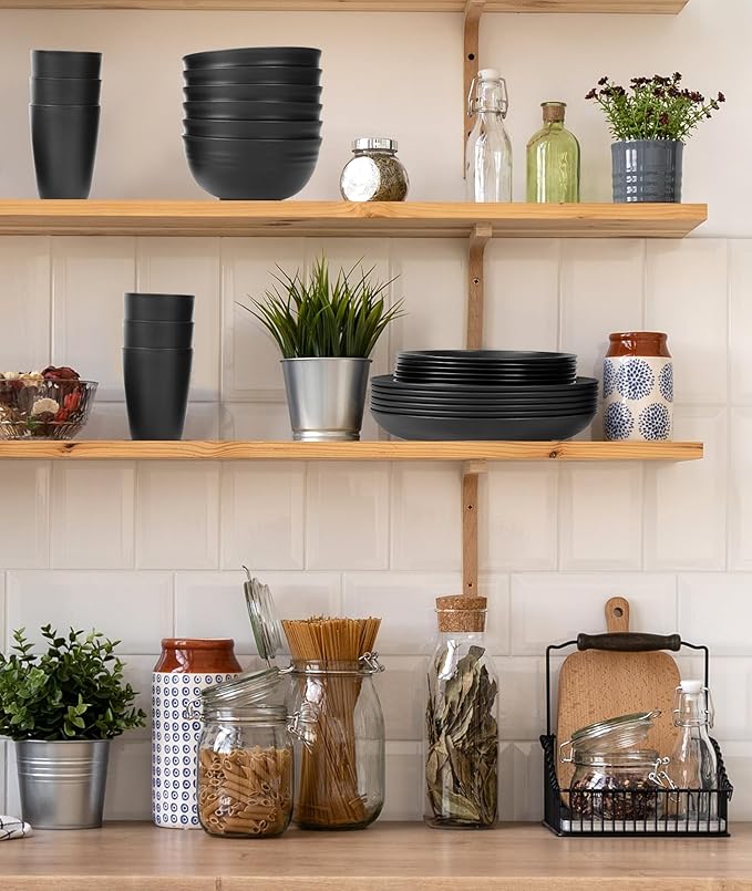 Quatish 24 Piece Plates and Bowls Sets for 6, Unbreakable Dinnerware Sets, Plastic Dish Set for Camping, Dishwasher Microwave Safe, Outdoor Kitchen and Apartment Dinning RV Essentials, Black