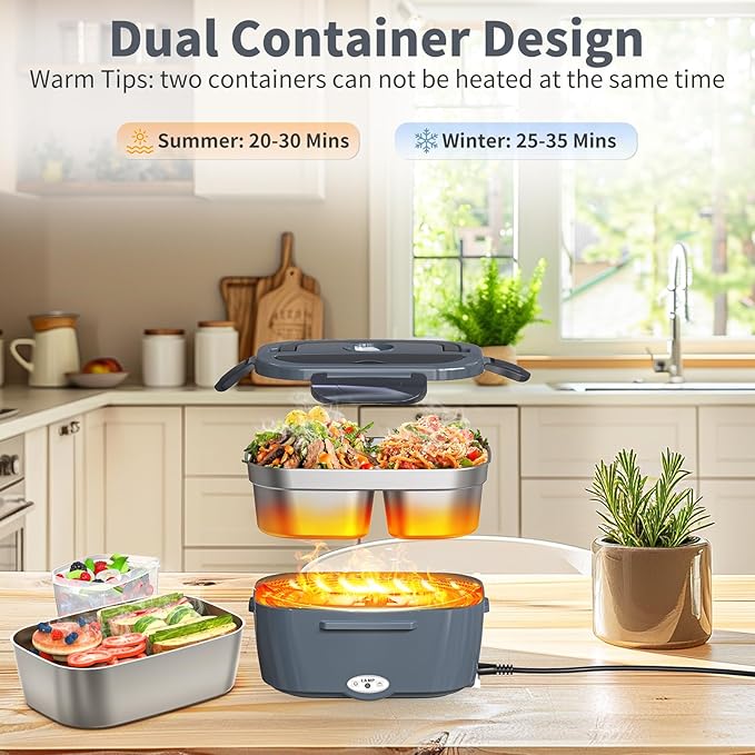 Vingud Electric Lunch Box for Adults, Heated Lunch Box with 2 Stainless Steel Container, 1.5L Portable 80W Food Warmer Lunch Box for Car/Truck/Work/Home Men, 110V/12V/24V/240V