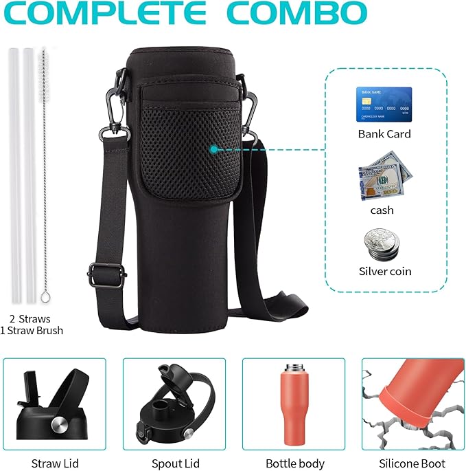 Vacuum Insulated Water Bottle 40oz - w/Straw Lid & Spout Lid,Leak-Proof Insulated Thermal Cups w/Carrier Pouch with Strap & Protective Boot, Thermo Coffee Flask Fit in Bike Car Cup Holder
