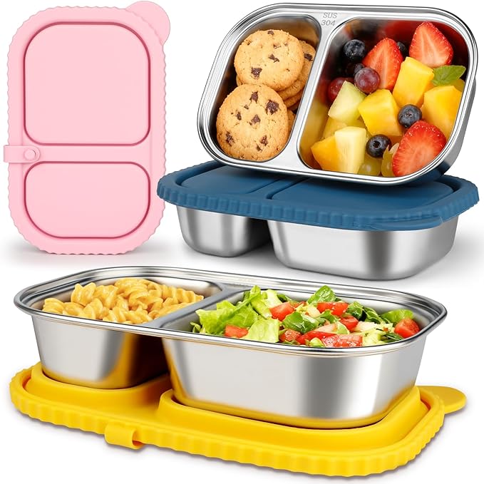 3 Pack Stainless Steel Snack Containers with Lids, Reusable 2 Compartment Food Storage Containers, Portable Bento Lunch Snack Boxes for Home, Travel, Outdoor and Camping