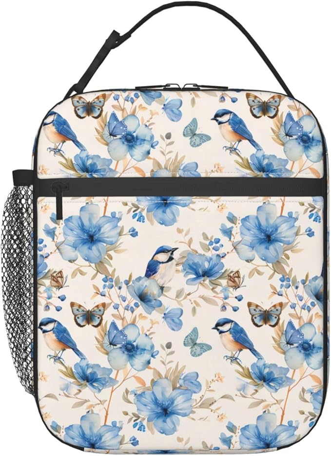 Reusable Blue Floral and Bird Lunch Box for Kids Girls Boys Women Adult, Insulated Elegant Watercolor Lunch Bag,Polyester Cooler Handbags Case for School Picnic Work Travel Beach or Hiking