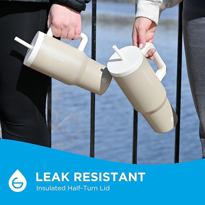 GROSCHE ASPEN 40 oz tumbler with handle and straw. Extreme insulation, classy design, built to last insulated stainless steel tumbler with handle, lid and straw - Steel Grey