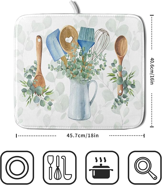 Sage Green Dish Drying Mat for Kitchen Counter, Cooking Supplies Reversible Dish Drainer Rack Pad Fast Dry Kitchen Accessories 16x18 Inch