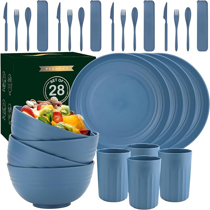 28-Piece Wheat Straw Dinnerware Sets, Microwave & Dishwasher Safe Unbreakable Dinnerware Set, Reusable Dishware Sets, Lightweight Camping Dishes, Plates, Cups, Cereal Bowls for 4 (Navy Blue)