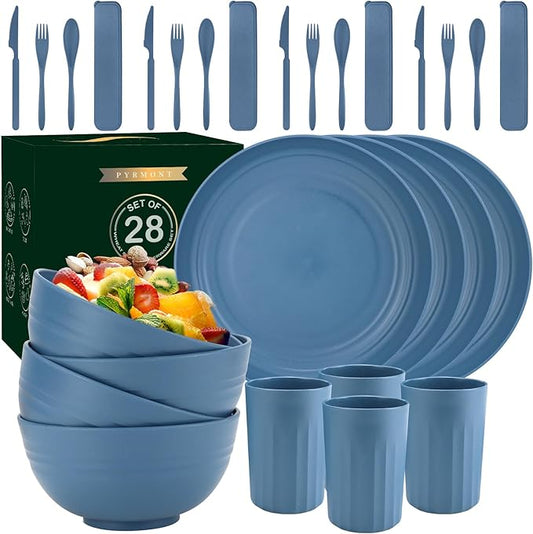 28-Piece Wheat Straw Dinnerware Sets, Microwave & Dishwasher Safe Unbreakable Dinnerware Set, Reusable Dishware Sets, Lightweight Camping Dishes, Plates, Cups, Cereal Bowls for 4 (Navy Blue)
