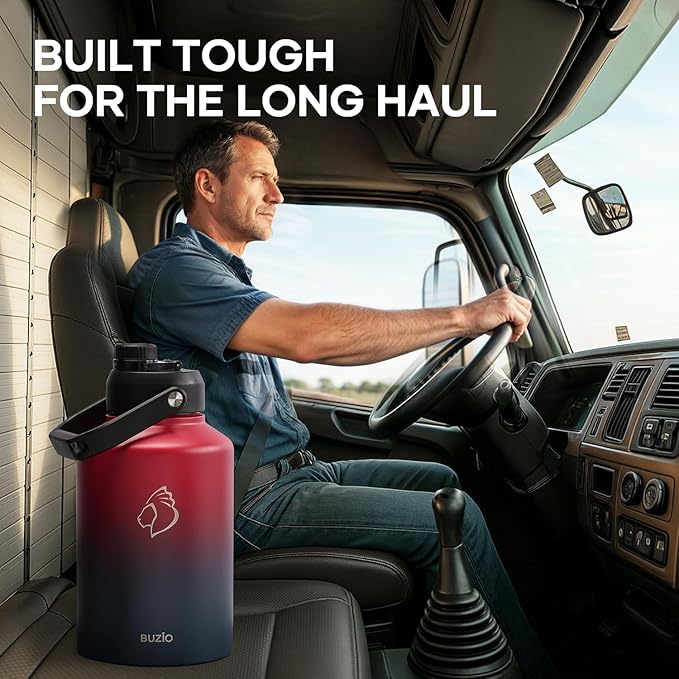 BUZIO One Gallon Water Bottle Insulated, (Cold for 48 Hrs) 128oz Water Jug Large Stainless Steel, 3.58in Big Wide Mouth Leak Proof Metal Flask with Carrying Sleeve for Camping,Gym,Travel, Black Red