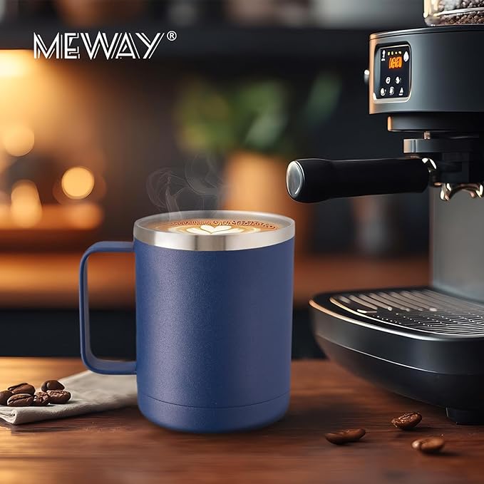 MEWAY 12oz Coffee Mug With Handle 4 Pack Bulk,Stainless Steel Insulated Travel Tumblers With Sliding Lid,Double Wall Vacuum Camping Cup for Hot & Cold Drinks Tea (Navy,Set of 4)