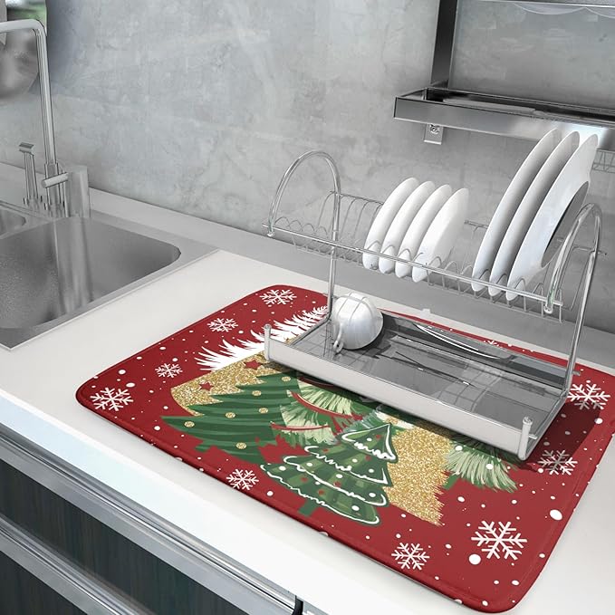 Christmas Dish Drying Mats 18x24, Farmhouse Gold Green Red Xmas Pine Trees Winter Holiday Washable Microfiber Absorbent Dishes Drainer Rack Pad for Coffee Machine Bar Sink Counter