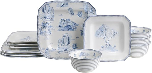 222 Fifth 12-Piece Porcelain Dinnerware Set for 4, Glossy White Plates and Bowls Set with Blue Decal, Elegant Square Ceramic Dish Set, Kitchen Tableware, Microwave & Dishwasher Safe, Scenic Toile