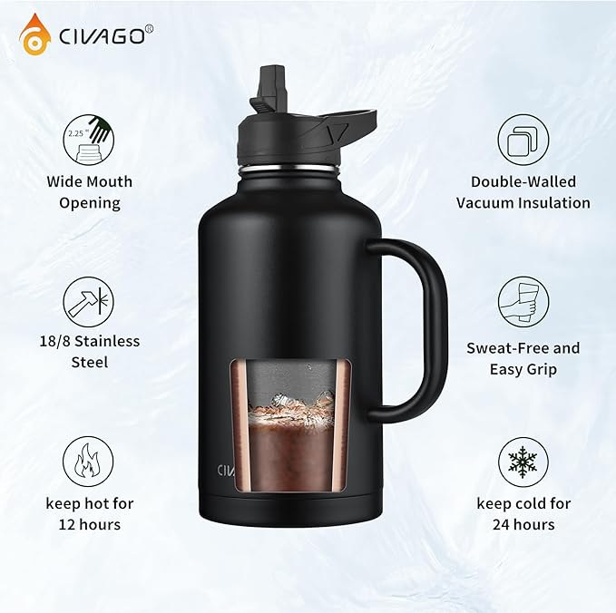 CIVAGO 64 oz Insulated Water Bottle Jug with Straw and Handle, Half Gallon Stainless Steel Water Flask, Large Sports Metal Water Bottle with Straw Lid (3 Lids), Big Thermal Mug Cup, Black
