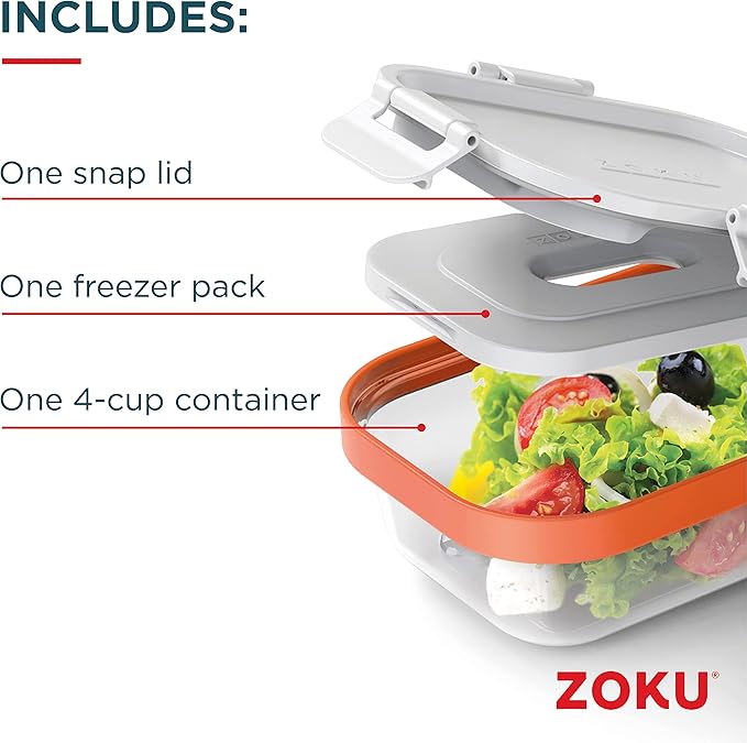 ZOKU - Nested Food Storage Container with Freezer Pack, Leak Proof with Airtight Lids, for Sandwiches, Lunches, Leftovers and more, Easy to Clean, Reusable, BPA Free (Neat Stack) (3 Piece)