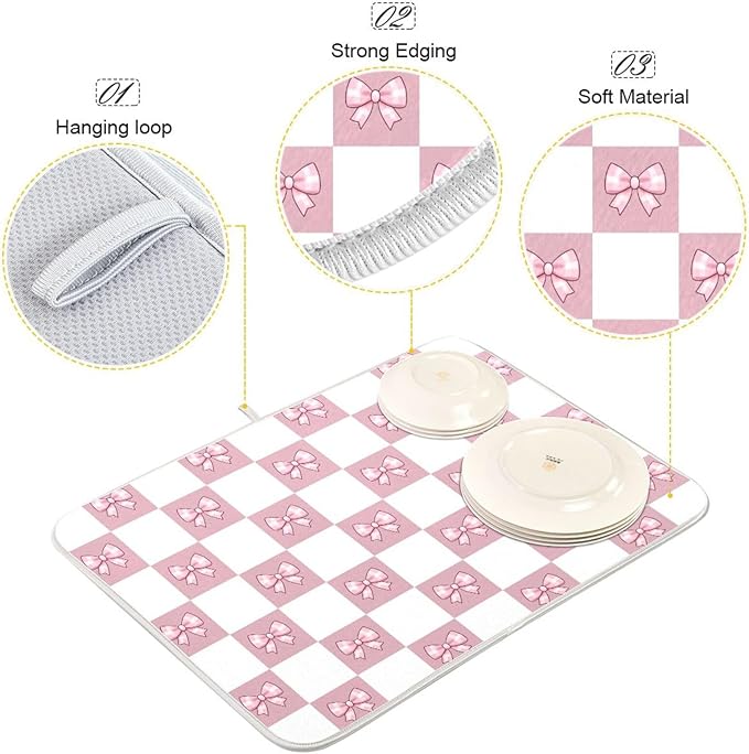 Pink White Bow Checkered Dish Drying Mat for Kitchen Counter Absorbent Dish Drainer Mats Drying Pads 18"x24"