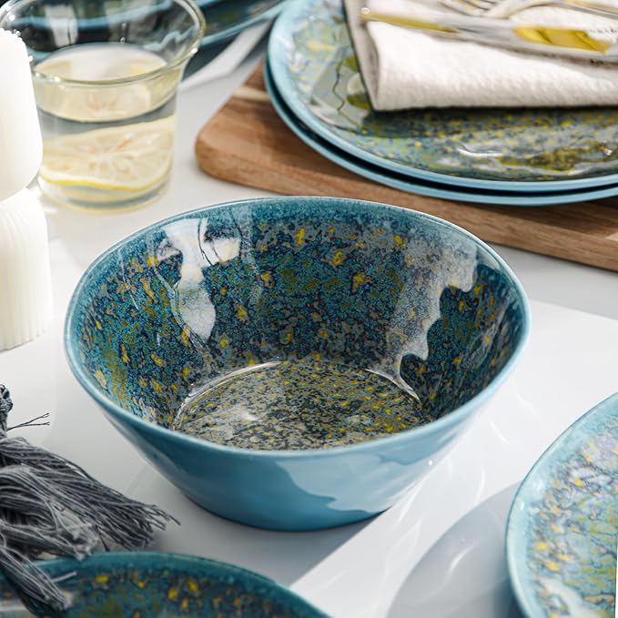 FINE&NICE Melamine Dinnerware Set of 12Pcs, Dish Set for 4, Lightweight Unbreakable Plates and Bowls Set, Great for RVs Camping, Dishwasher Safe,Rusty Blue